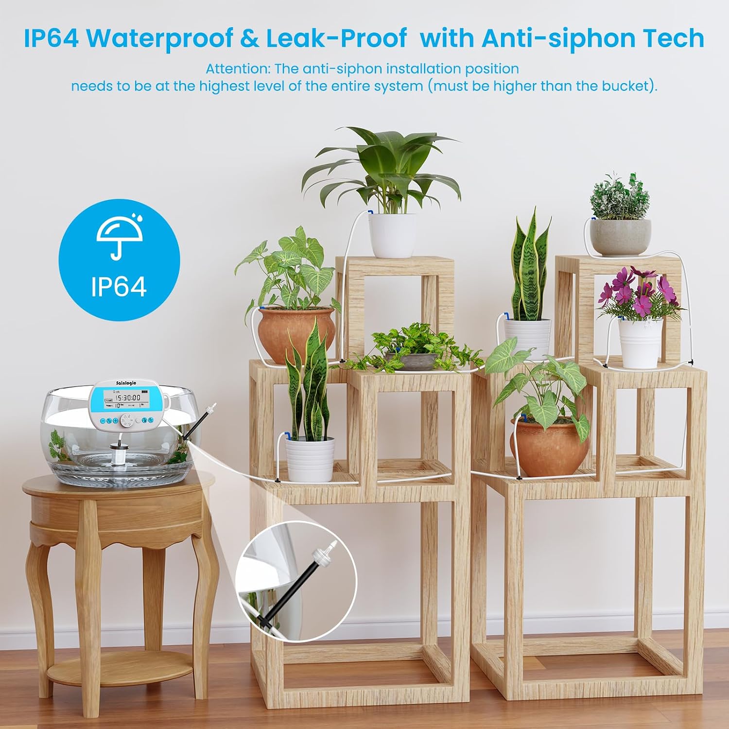 Sainlogic Automatic Plant Waterer for 15 Potted Plants, Self-Watering System with Humidity Monitor Display, Deep Root Irrigation, IP64 Programmable Timer, Ideal for Vacation, Travel and Indoor Garden