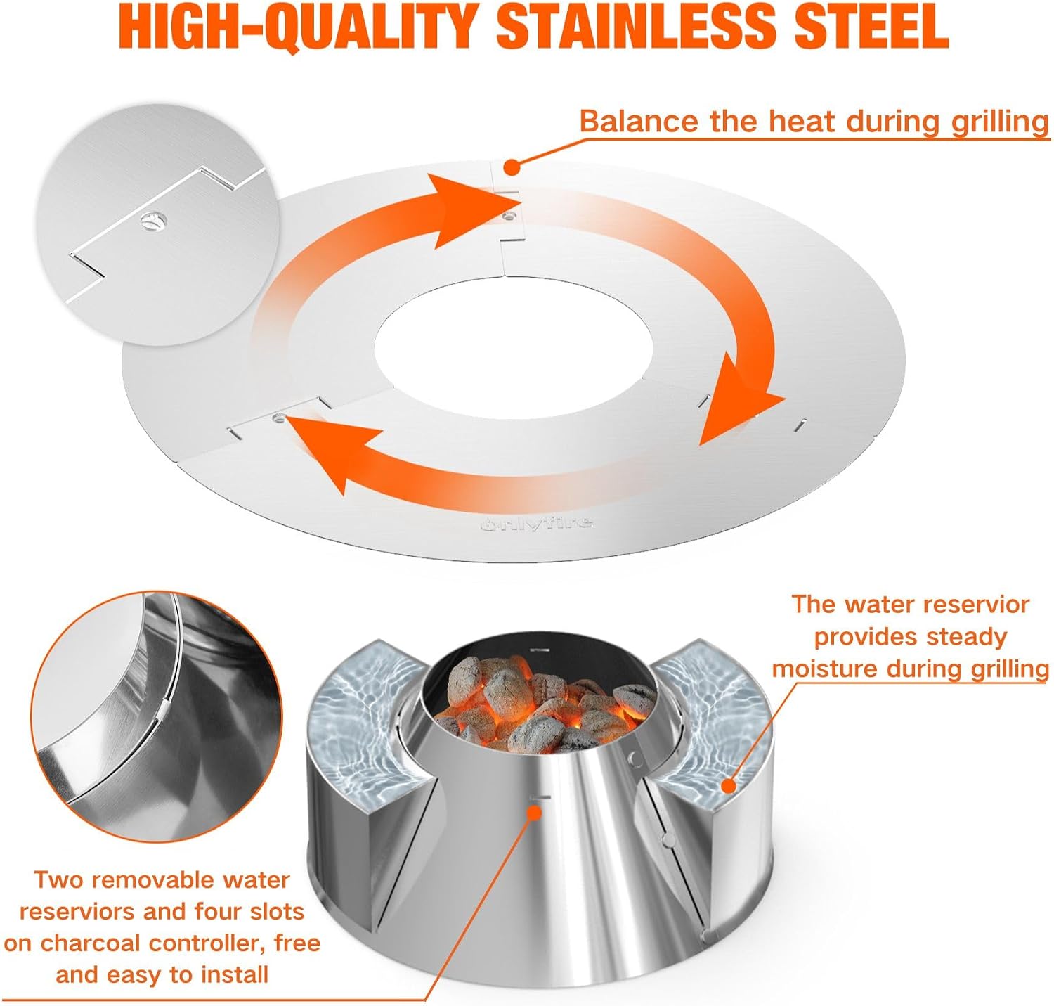 onlyfire Charcoal Holder with Diffuser Ring for Weber 22/26‑Inch Kettle | for Weber 22" & 26" Kettle Grills, Accessories for Snake Method, Slow Roasting
