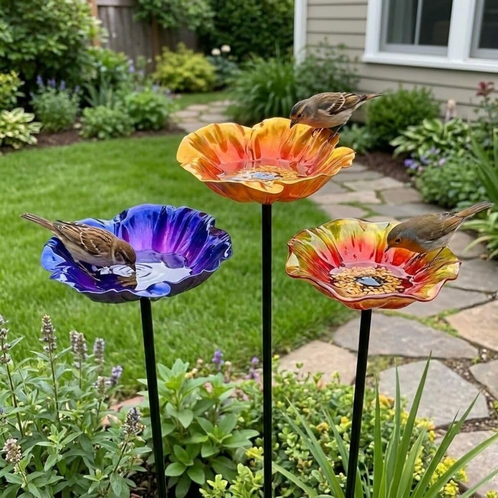 Bath Stake, Metal Flower Shape Garden Bird Feeder, Aesthetic Decor Weather Resistant Detachable Vintage Style Outdoor Birds Bath Lawn Yard(Orange)