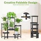 iDavosic.ly 6 Tier Folding Plant Stand Indoor Outdoor with Grow Light, Tiered Corner Flower Holder Shelf with Plastic Tray, Metal Orchid Display Rack for Patio Porch Living Room Garden Balcony, Black