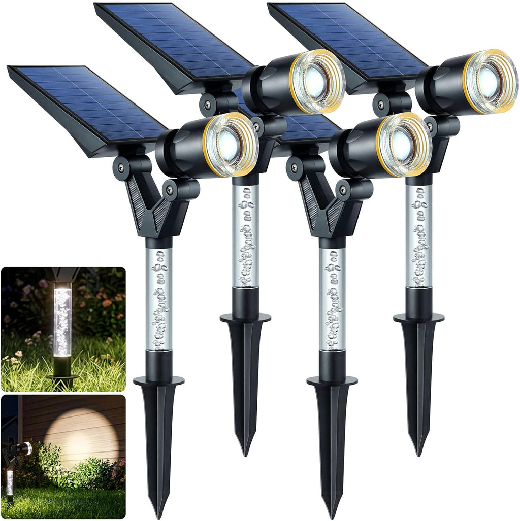 DenicMic Solar Spot Lights Outdoor Waterproof White Lens LED 4 Pack | Adjustable Angle Long Range Solar Lights Outdoor for Yard Garden Patio Wall Tree Landscape Spotlights, Acrylic Lighted Pole
