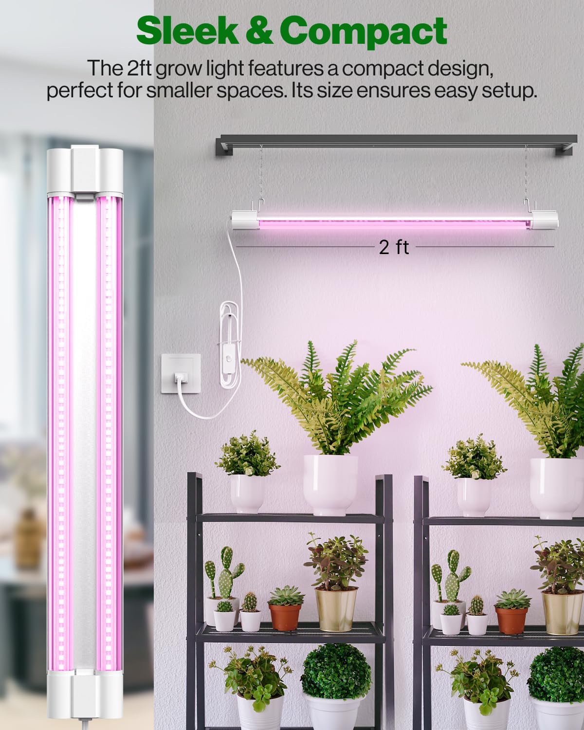 Sunco 6 Pack 2FT LED Grow Light, Full Spectrum, 20W | Indoor Lighting, for Seed Starting, Seedling, Indoor Plants, Plug in Suspended Fixture, Link Up to 8, Inline Switch