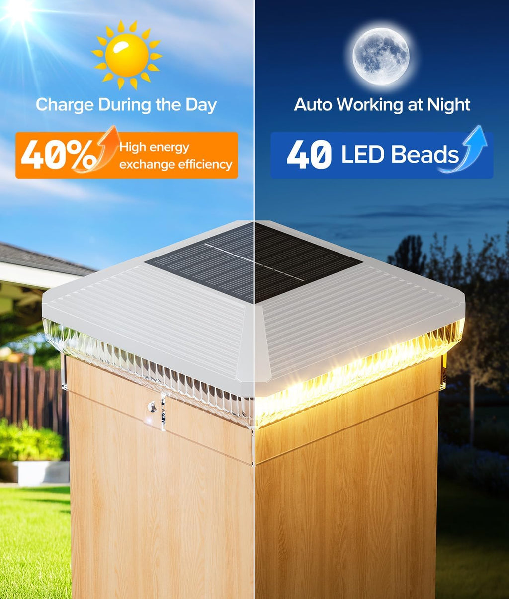 6 Pack 4x4 Solar Post Cap Lights, 3 Modes Fence Post Solar Lights | 40 LEDs Solar Post Lights Outdoor, Waterproof Deck Fence Post Lights Solar Powered for 3.5x3.5 Wooden Post 4x4 Vinyl Post