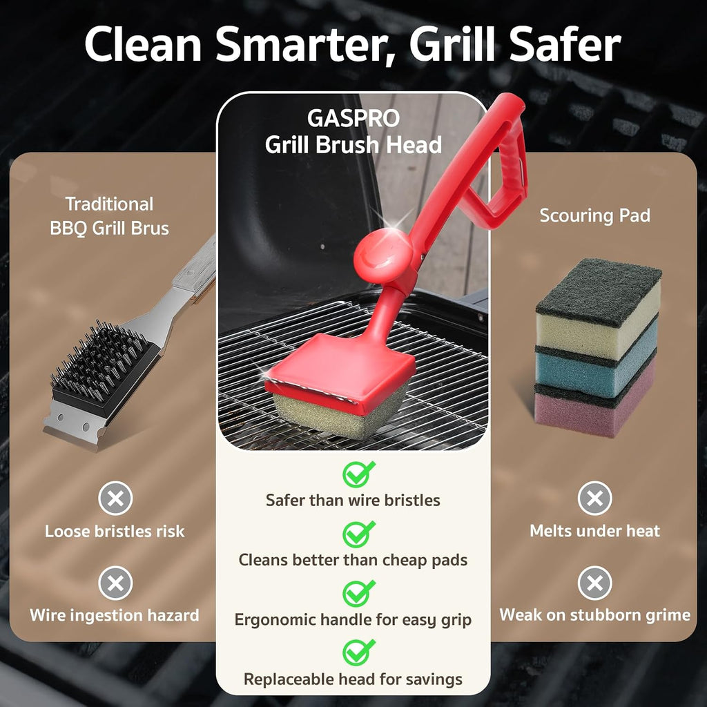 GASPRO Grill Brush Bristle Free for Outdoor Grill, BBQ Grill Cleaning Brush with Replaceable Scrub Sponge Head & Scraper, Ergonomic Handle, Safe for Stainless Steel, Cast Iron & Porcelain Grate
