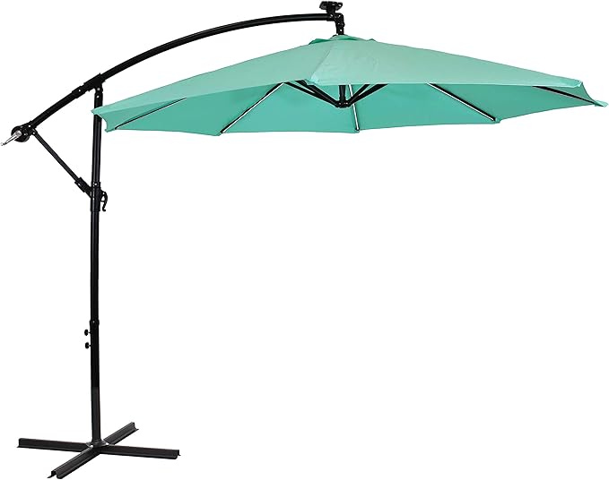 Sunnydaze 10' Solar Offset Patio Umbrella - Solar Cantilever Umbrella Outdoor with LED Lights - Polyester Shade, Air Vent, & Cross Base