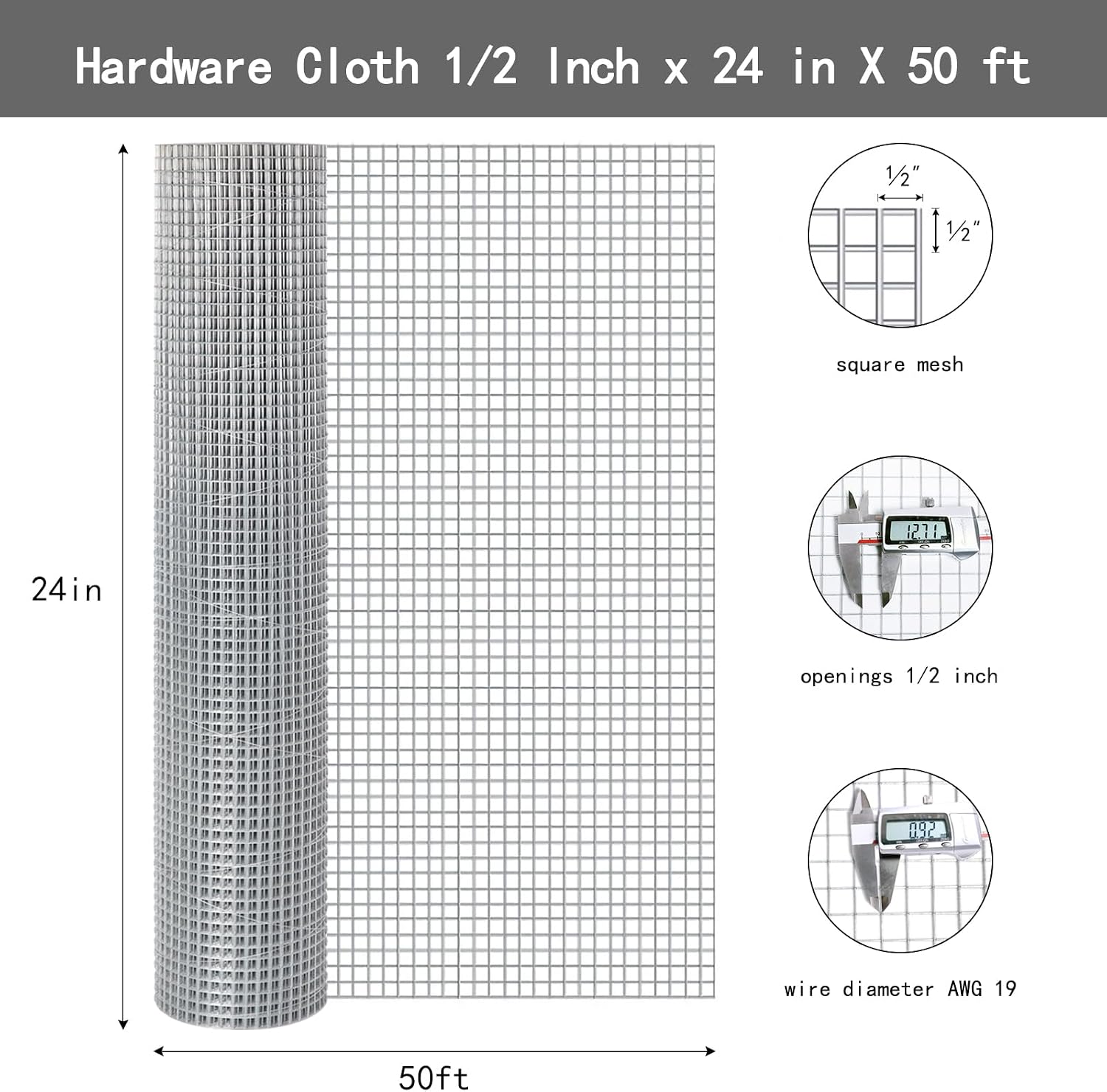 Thinkahead Hardware Cloth 1/2 inch 24 X 50 ft 19 Gauge, Galvanized Wire Mesh Roll, Welded Wire Fencing, Hardware Cloth for Chicken Coop Wire, Rabbit Cage Wire