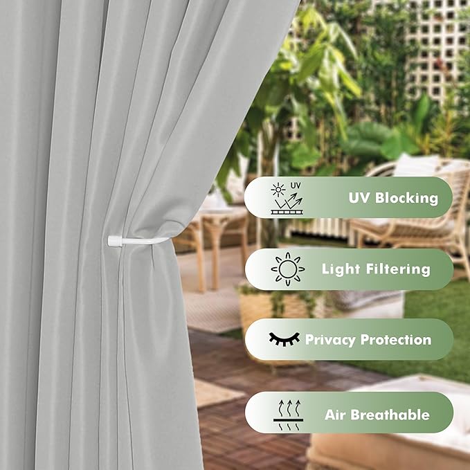HolidayIdeas Waterproof Outdoor Curtains for Patio, 6 Panels - 54x108 Inches - Weatherproof Privacy Outsides Curtains for Backyard Porch Gazebo, Sunlight & UV Blocking (Silver, Grommet Top)