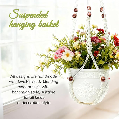 35 Inch Macrame Plant Hanger, Large for up to 15 Inch Pot Extra Long Hanging Planter Holder Basket with Wood Beads for Indoor Outdoor Home Decor (Ivory, 2-Pack)