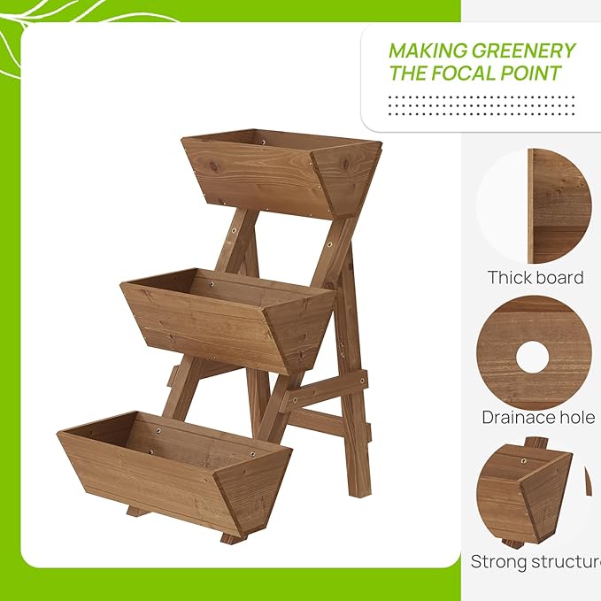 3-Tiers Wooden Raised Garden Bed Tiered Planter Box Flower Pots Vertical Garden Planter Wood Plant Stand for Vegetables Flowers Herbs for Patio, Balcony, Freestanding (Brown L)