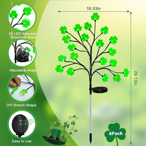 4 Pack St Patricks Day Solar Outdoor Lights, 80 LED St Patricks Day Decorations, Solar Shamrock Stakes Lights with 8 Modes, Waterproof Lucky Green Clover Pathway Light for Yard Garden Lawn Decor
