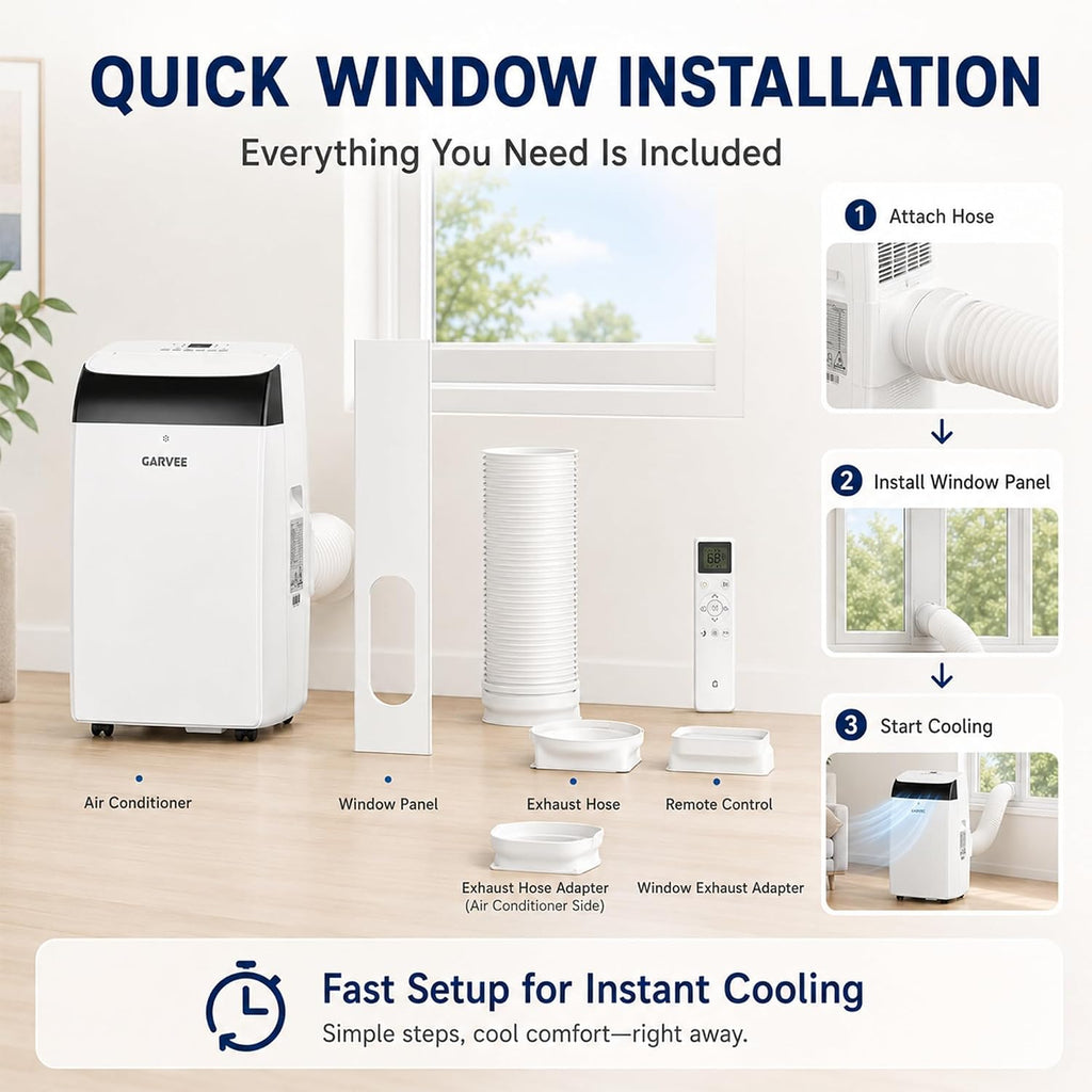 garvee 14000 btu portable ac with black top, side view
