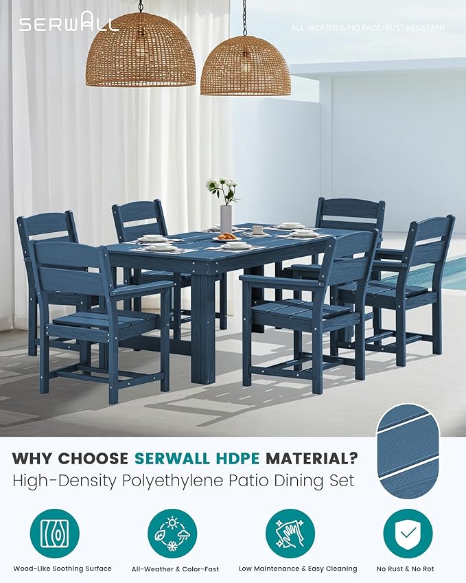SERWALL Outdoor Dining Table Set, 67‘’ HDPE Patio Dining Set for 4, All-Weather Outdoor Table and Chairs Set for Deck, Blue
