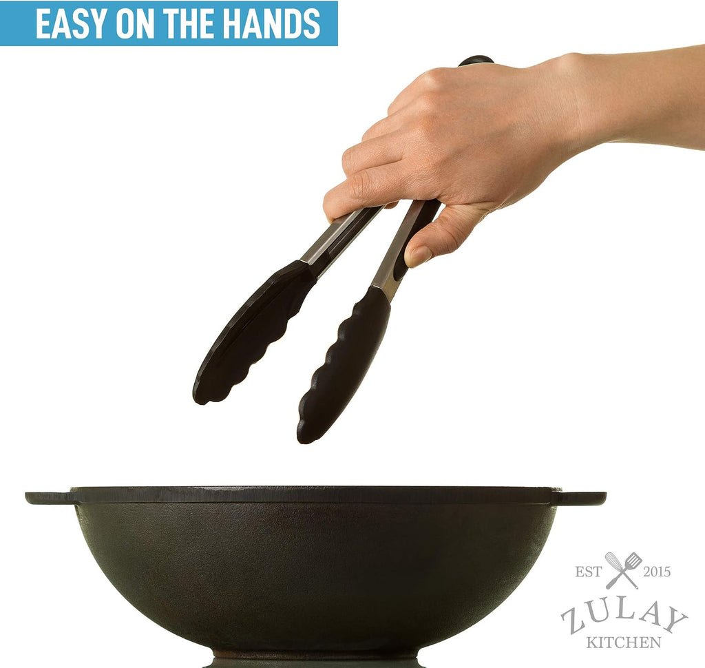 Zulay Premium Set of Stainless Steel Tongs for Cooking, Grilling and Barbecue - 12" Heavy Duty Silicone Tongs with Heat Resistant, Nonstick, Silicone Heads, Best for Non-Scratch Cookware