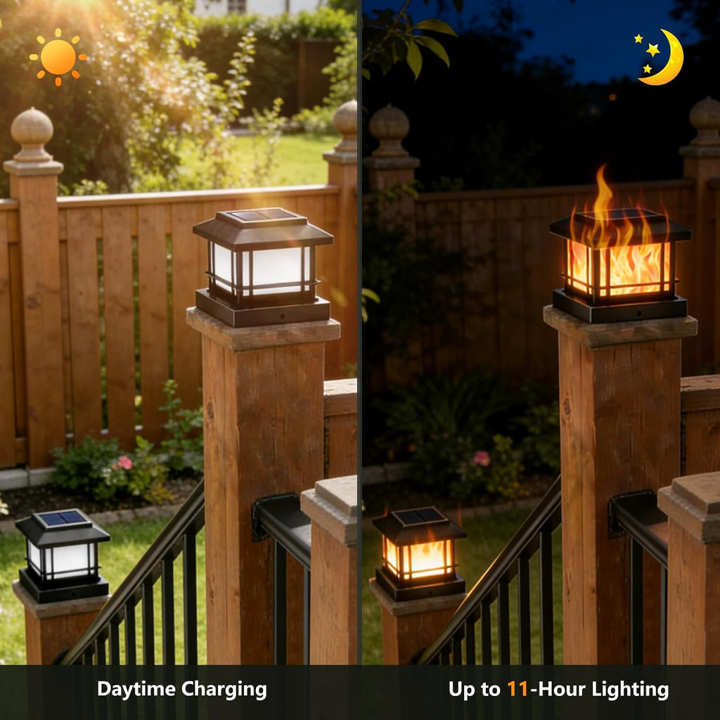 8 Pack 4x4 Post Solar Lights Outdoor with Flickering Flame, Fence Post Solar Lights Fit for 3.5x3.5 4x4 Wooden Vinyl Posts, Waterproof Solar Lights for Deck, Fence, Patio, Yard Decor (Black)