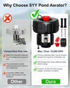 SYY Pond Fountain Aerator, 1HP 15000 GPH 110V Stainless Steel Floating Fountain Pump with Timer, 100FT Power Cord & 2×100FT Rope, Energy Efficient for Water Circulation & Oxygenation in Large Ponds