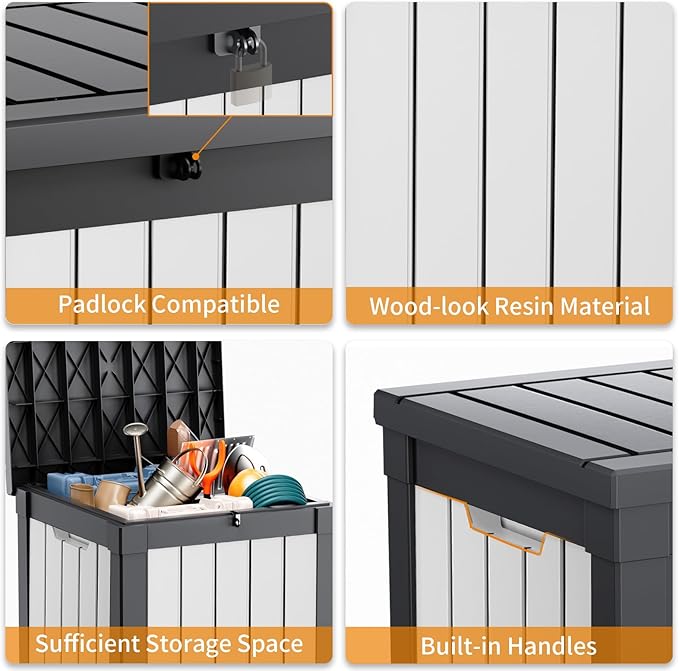 EasyUp 50 Gallon Deck Box Outdoor Storage Box for Patio Furniture,Outdoor Cushions,Garden Tools and Pool Supplies,Waterproof,Resin（Black&White）