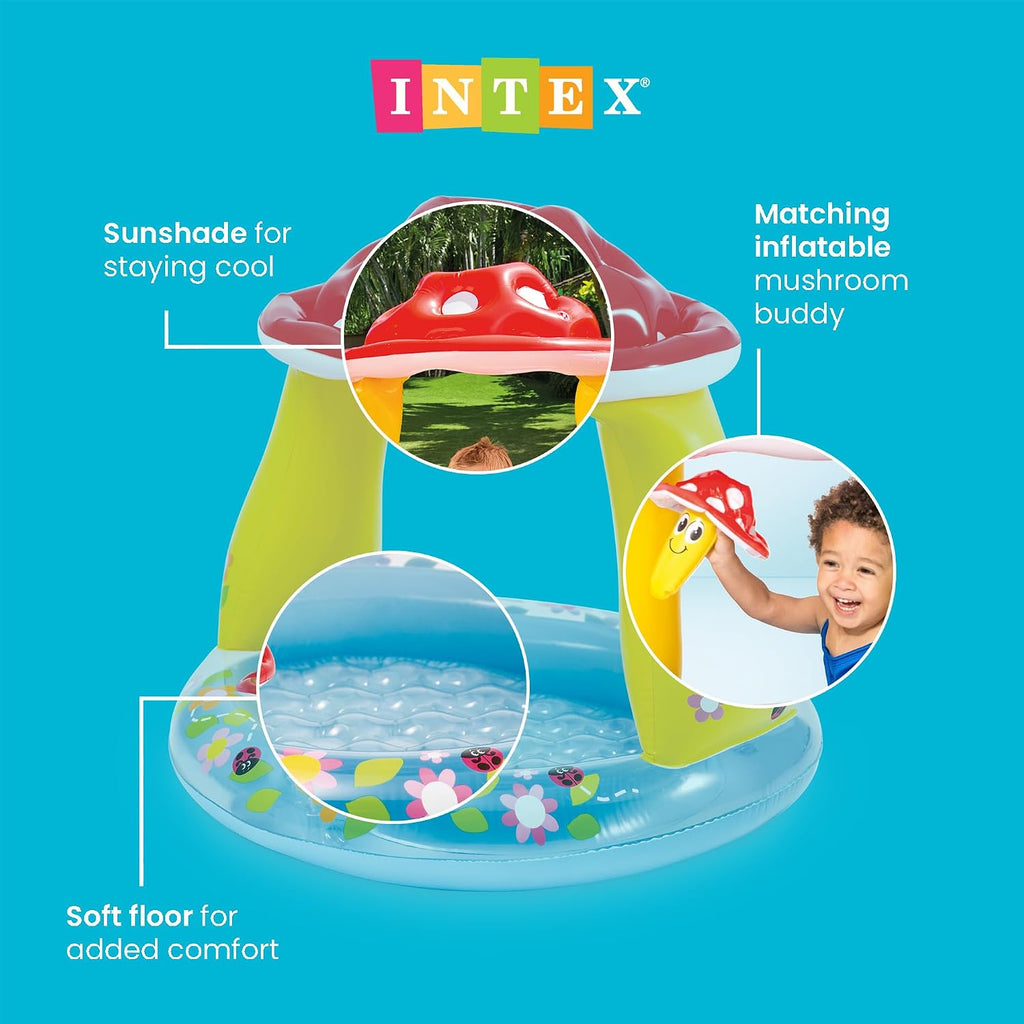 INTEX 57114EP Mushroom Baby Pool: Built-In Mushroom Shade – Soft Inflatable Floor – Durable Vinyl – Ages 1-3 – 40" x 35"