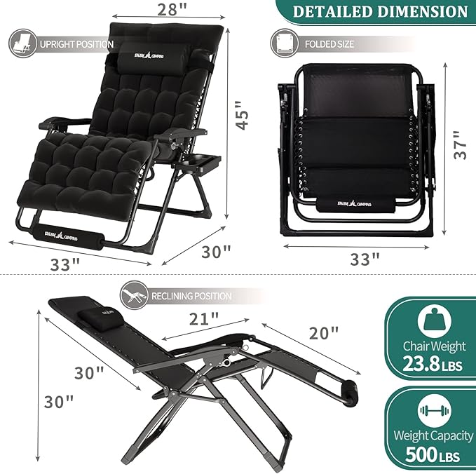 UDPATIO Oversized Zero Gravity Chair Set of 2, 33In XXL Patio Reclining Chair with Cushion, Outdoor Folding Recliner with Pillows|Cup Holder|Foot Rest|Padded Headrest, Black, Support 500LB