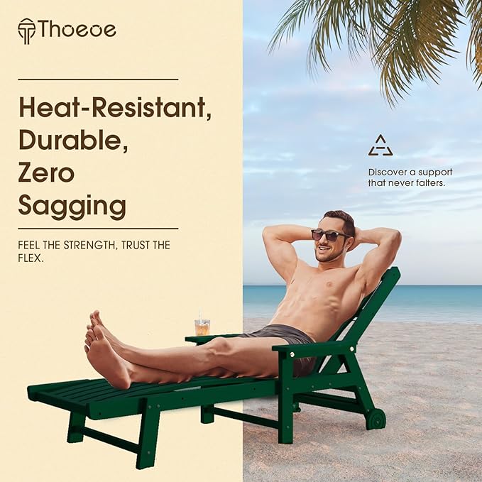 Patio Chaise Lounge Chair Set of 4, Oversized Lounge Chair Outdoor with 5 Positions, HDPE, Patio Lounge Chair with Wheels & Cup Holder for Pool, Deck, Poolside,Green