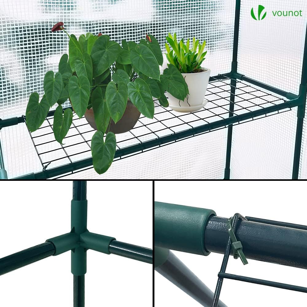 vounot walk in greenhouse with shelves, roll up, side view