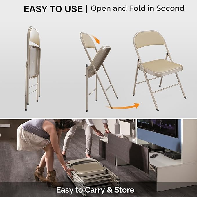 VINGLI 4 Pack Folding Chairs with Padded Seats, Metal Frame with Pu Leather Seat & Back, Capacity 350 lbs, Set of 4, Khaki