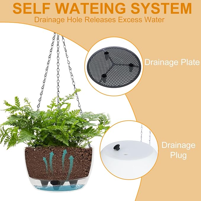 SUNNYPARK 2 Packs Hanging Planters Basket for Outdoor Plants, Solar Powered Self Watering Black Round Plastic Flower Pots with Drainer for Balcony Patio Garden Outdoor Decoration
