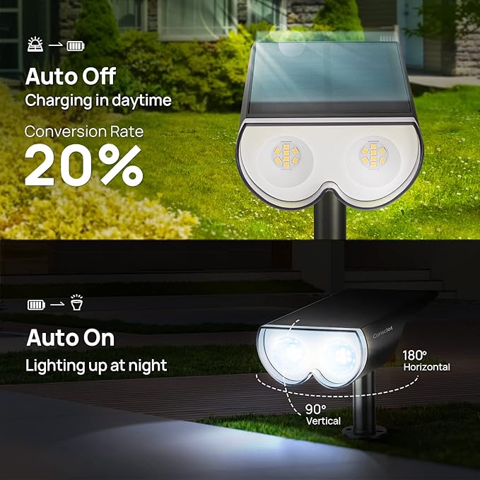 Solar Lights Outdoor Waterproof, Consciot 16 LEDs IP67 Spot Lights Outdoor, Auto On/Off Solar Garden Light, 2-in-1 Adjustable Wall Lights for Landscape Yard Pathway, Cool White 2 Pack