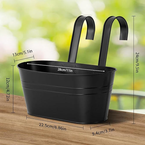 5 Pcs Iron Hanging Flower Pots 11 Inch Hanging Planters for Outdoor Plants Metal Hanging Bucket Pots Iron Railing Fence Planter with Drainage Holes and Hooks for Porch Railing Balcony Fence(Black)