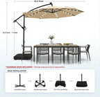 wikiwiki 10ft Solar LED Patio Umbrella with Base Included, Offset Umbrella with Weighted Sandbag Base, Cantilever Patio Umbrellas for Backyard, Garden & Deck, 32 LED Lights & Polyester Shade, Tan