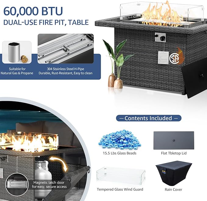 NICESOUL 9 Piece Large Outdoor Patio Furniture Set with Fire Pit Table Gas/Propane, 29.3'' High Back Rattan Modular Sectional Sofa, Extra Wide Conversations for Backyard, 2 Color Cushion Navy & Gray
