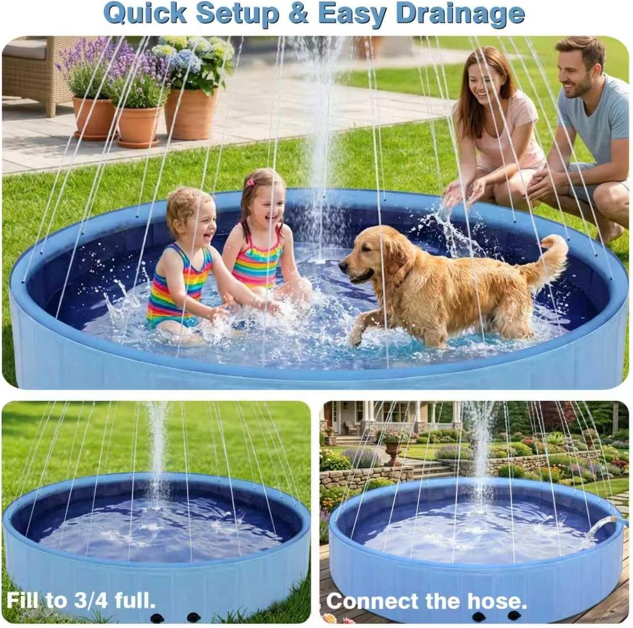 Eooqi Foldable Dog Pool with Sprinkler, Extra Large Thickened Splash Pool | 2-in-1 Outdoor Summer Water Play Toy, Non-Slip Hard-Side Kiddie Pool for Backyard Dogs, Kids & Pets (Blue, 87"-5XL)