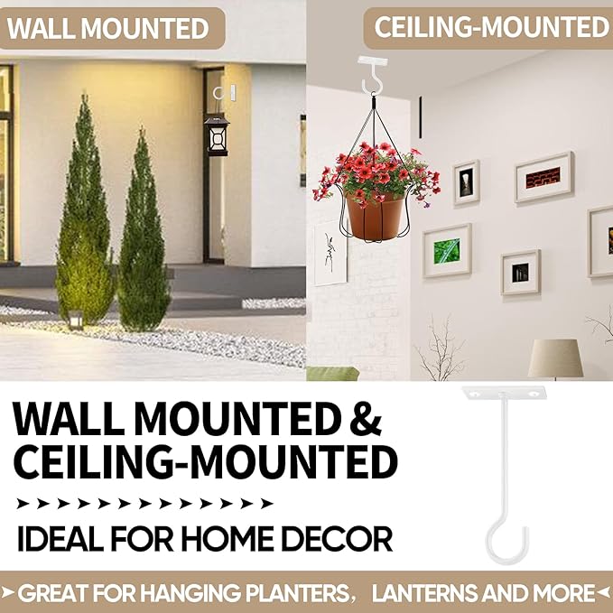 Plant Hooks for Hanging Plant Bracket 6inch Metal Plant Hanger Decorative Wall-Plant Wall Hanger forHanging Lanterns, Bird Feeder, Flower Basket, Home Decor Indoor & Outdoor 2 Pack(White)
