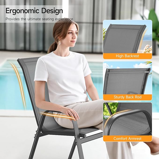 ONBRILL Patio Chairs set of 6, Easy Assembly Stackable Outdoor Dining Chairs with Wide Seat and Sturdy Metal Frame, Breathable All Weather Textilene Outdoor Chairs Set of 6 for Deck, Pool, Porch, Grey
