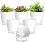Plant Pots 4 Inch Self Watering Pots,6 Pack Plastic Planters with Drainage Holes and Clear Saucers,Plastic Flower Pots,Nursery Planting Pot for Indoor Out Door Plants (White)