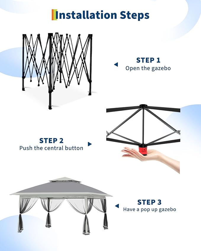 Canopy Tent 13x13 ft, Pop Up Gazebo One-Push Setup with 4 SandBags for Backyard Parties and BBQs, Mosquito Netting & Height Adjustable - Grey