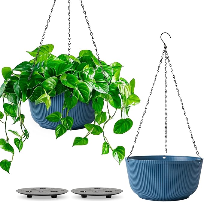 T4U 12 Inch Large Hanging Planters for Outdoor Plants, 2 Pack Self Watering Pots Indoor, Hanging Baskets for Plants,Hanging Flower Pot with Drainage Hole and Plant Hanger, Blue