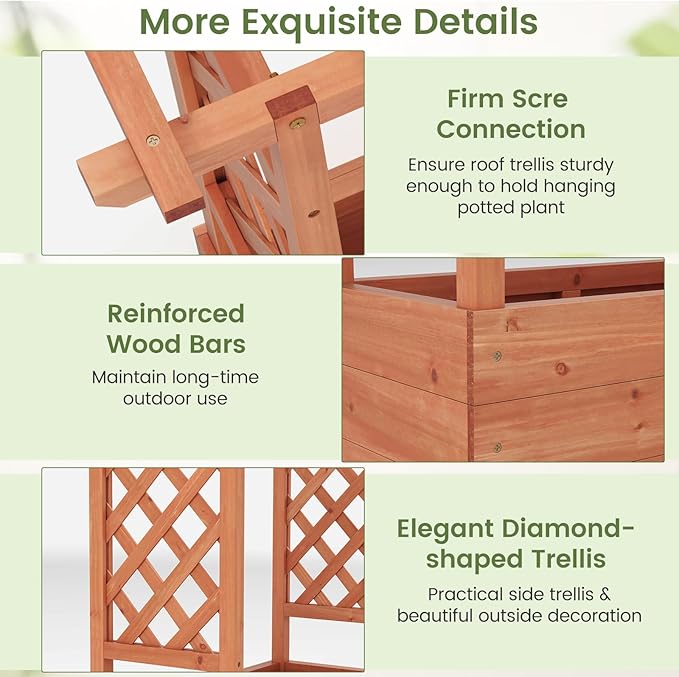 Giantex Raised Garden Bed with 2-Sided Trellis & Hanging Roof, Fir Wood Planter Box w/Drainage Holes, Freestanding Garden Planter for Flowers Herbs Climbing Vines (43"x15"x45")