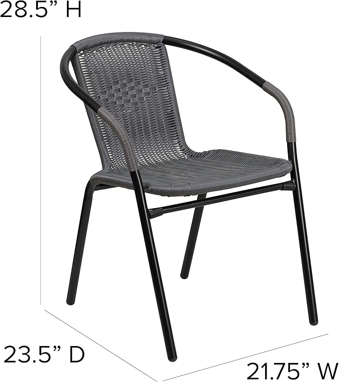 EMMA + OLIVER Set of 4 Modern Rattan Indoor/Outdoor Stack Chairs, Stacking Rattan Patio Chairs with Curved Back and Cross Bracing, Gray