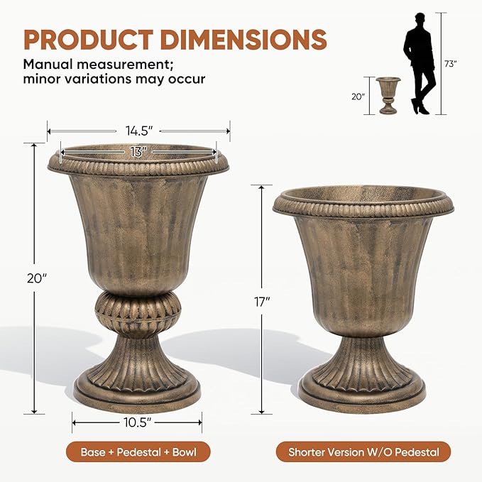 Athena Collection 20''H Bronze Garden Plastic Urn - Vintage Tall Large Planter for Indoor Outdoor Patio Porch, 2 Pieces Flower Pot, Bronze