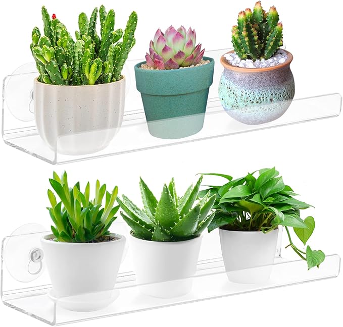 2 Pack 12 Inch Acrylic Window Boxes Plant Shelves, with Suction Cup Window Sill Extender, for Indoor/Outdoor Succulents, Micro Greens, Seed Starter Pots, Herb Planters