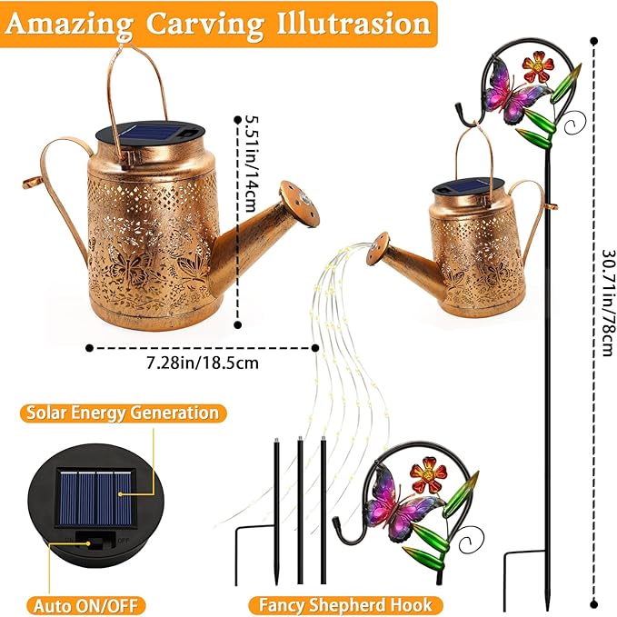 2 Pack Solar Powered Butterfly Watering Can Lights Waterproof Outdoor Decor with Shepherd Hook Hanging Patio Lights for Yard, Garden, Backyard Perfect Gardening Christmas Gift for Women, Mom, Grandma