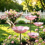 Handmade Metal Flower Garden Stake Bird Bath Bowl Butterfly Feeders,Hummingbird Bath Bee Watering Station for Garden Yard Decorative Garden Stakes (Pink-4pcs)