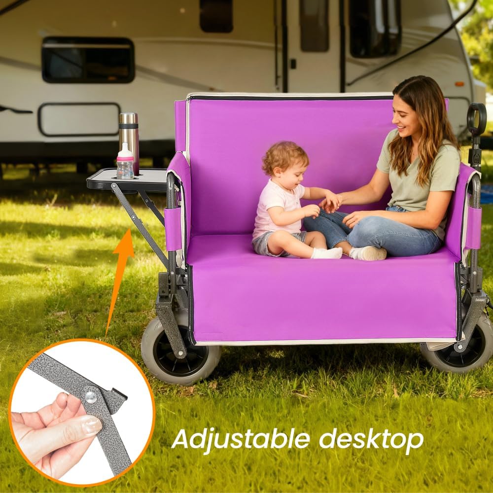 Collapsible 3-in-1 Wagon Converts To Bench, Includes Rear-Mounted Folding Tabletop, Heavy-Duty 500-lb Capacity, 180L Storage for Camping, Beach, Fishing - Purple