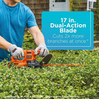 BLACK+DECKER Electric Hedge Trimmer, 17-Inch Corded 3.2 Amp, Dual Action, Reduced Vibration, Cleaner Cut, Lightweight, 3800 Cuts per Min (BEHT150)