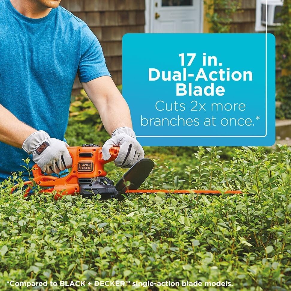 BLACK+DECKER Electric Hedge Trimmer, 17-Inch Corded 3.2 Amp, Dual Action, Reduced Vibration, Cleaner Cut, Lightweight, 3800 Cuts per Min (BEHT150)