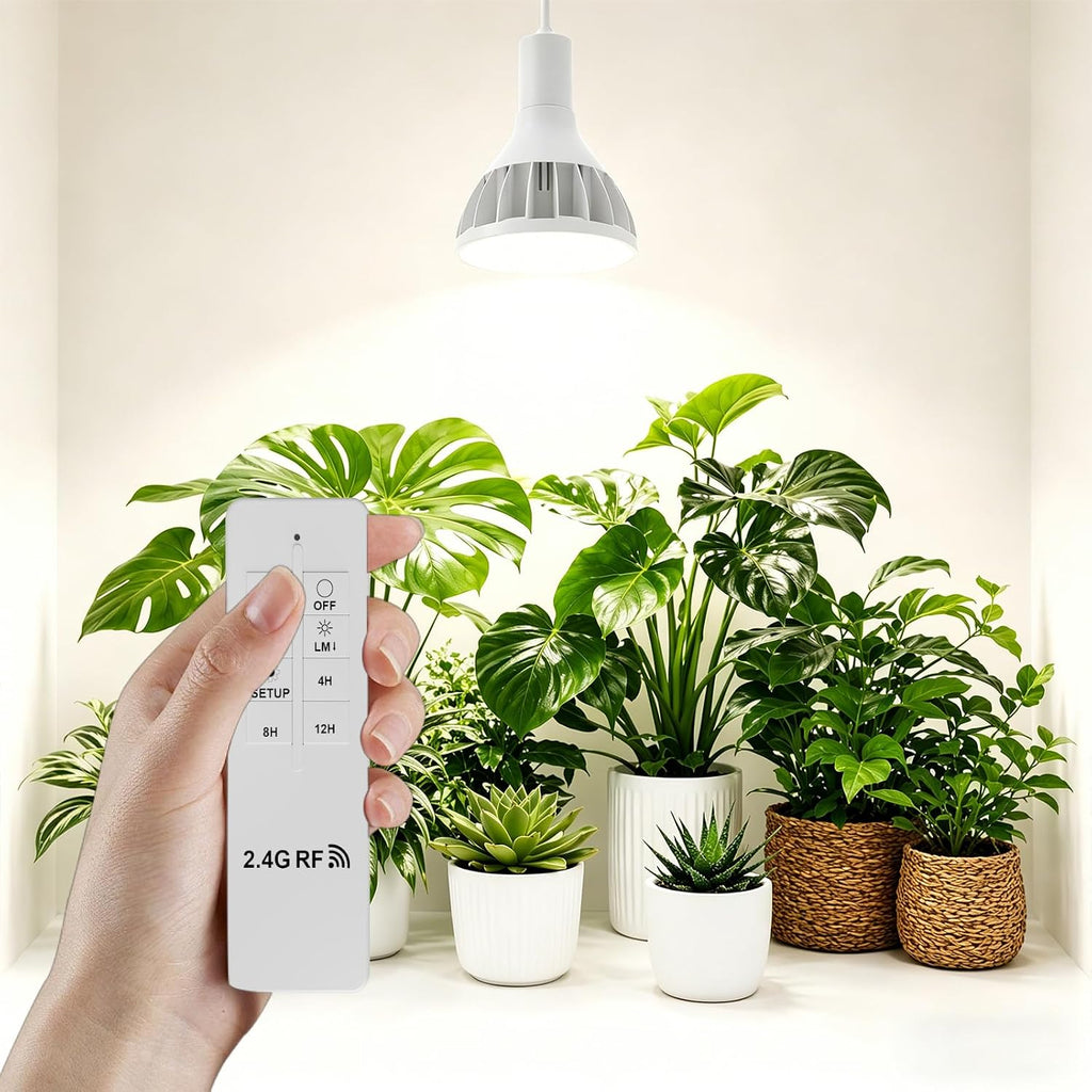 RDJ Bouns 26W LED Grow Light Bulb with Remote, PAR38, E26 Base | Dimmable, Full Spectrum Plant Bulb, Timer, Auto On/Off 4/8/12H, Natural White, For Indoor Plants, Succulents, Seeds