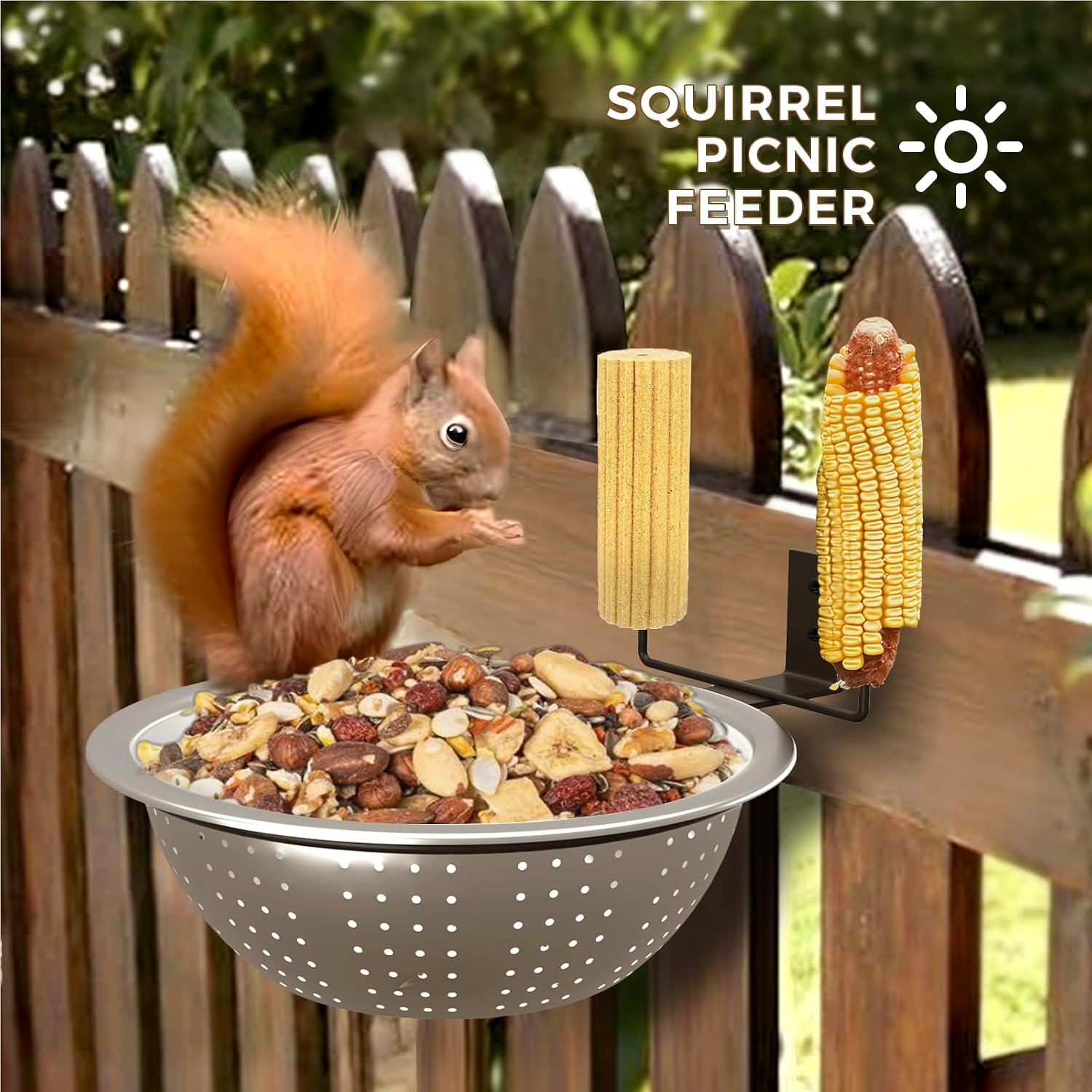 Squirrel Feeder with Metal Drainage Bowl, Squirrel Feeders for Outside, 8.5" Removable Bowl Easy to Clean/Refill, 2 Squirrel Corn Cob Spikes for Various Food, Tree/Fence Mount,Notebook(Brown)