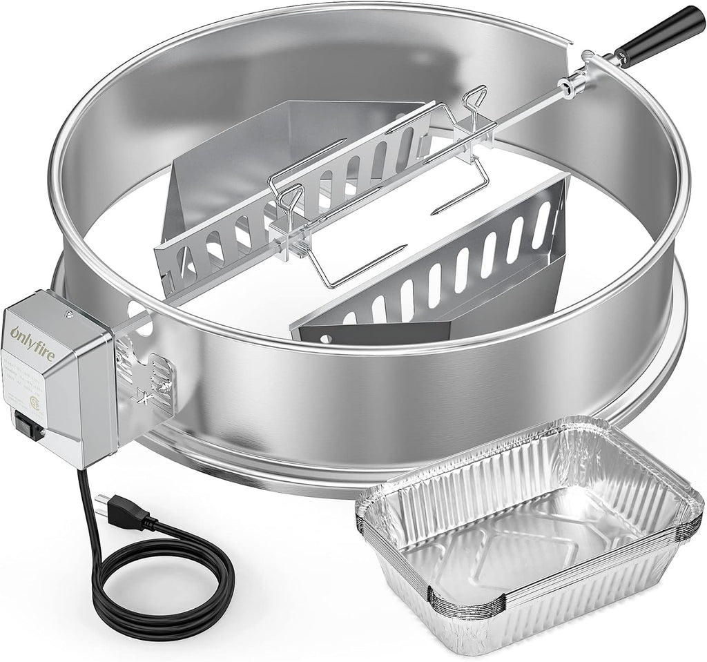 onlyfire Upgrade Stainless Steel Rotisserie Ring Kit for Weber 22-inch Kettle Charcoal Grills, Comes with Charcoal Baskets and 10 Pack Drip Pans | With 2 Charcoal Baskets and 10 Pack Drip Pans