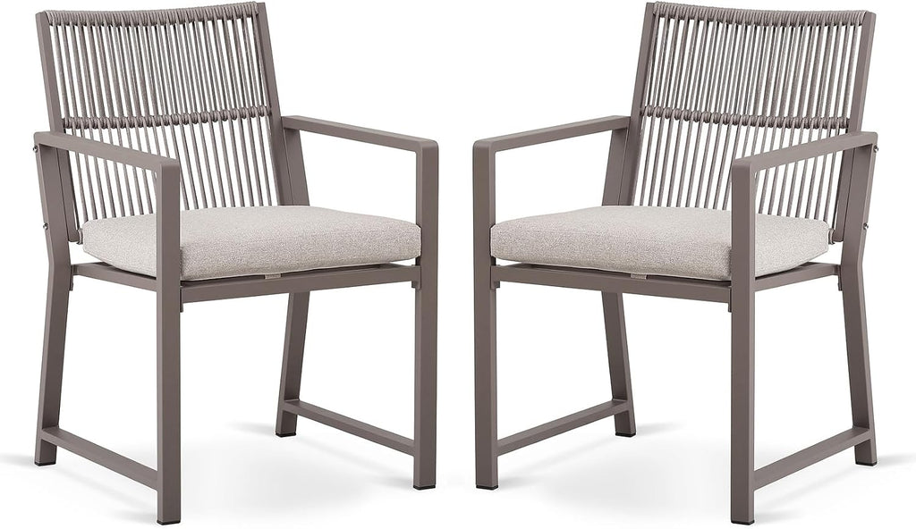 Outdoor Patio Dining Chair, 400 Lbs, Light Brown, Set of 2 | All-weather Woven Rope, Sturdy Frame,Ergonomic Backrest, Removable Breathable Cushion,for Patio & Garden