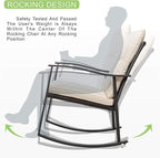 Vongrasig 3 Piece Outdoor Rocking Chair Set, PE Wicker Rattan Small Bistro Set, Front Porch Furniture Rocking Chairs Set of 2, Cushioned Patio Rocker Chair Set with Glass Table (Beige)